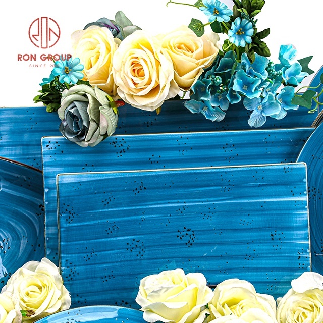 hot sale 10 12 14 inch wedding hotel dishes set dinnerware blue flat ceramic rectangle plates for restaurant