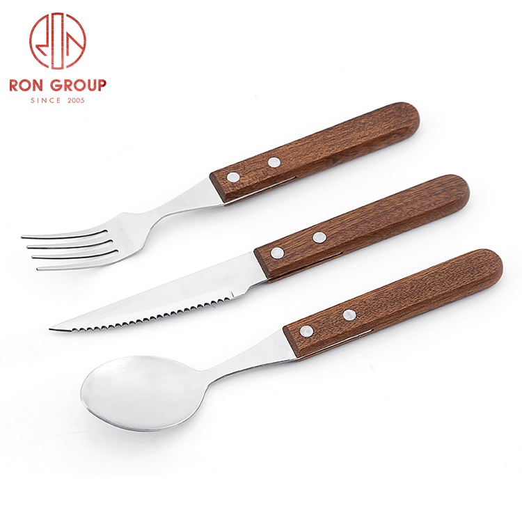 Simple Spoon Fork Knife Wooden Slender Handle Flatware Set 4 pieces Silverware Eating Utensils Set Matte Silver Cutlery