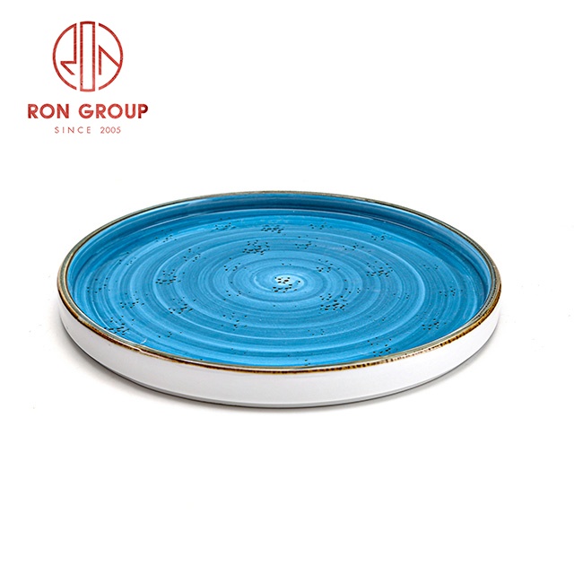 Nice Design Hotel Restaurant Catering Blue Ceramic Round  Steak Cake Serving Porcelain Dinnerware China Sublimation Plates