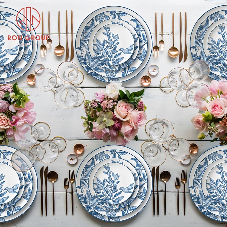 Wholesale customized vintage floral painting tableware royal bone china dinner set luxury dishes set plates sets dinnerware