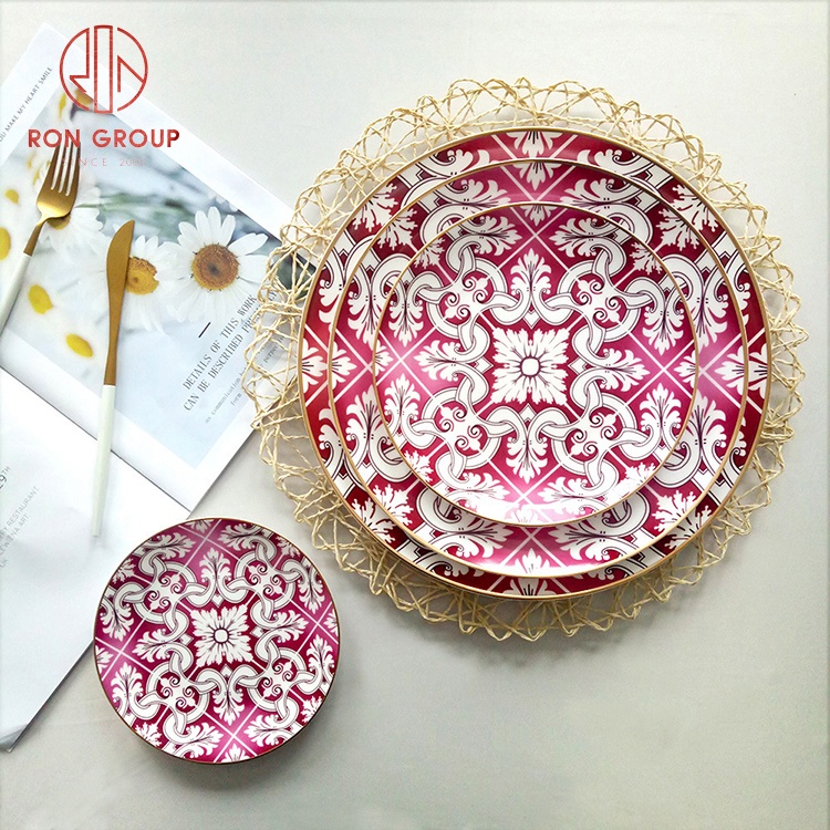 high quality new bone china dinner ware distinguished red round pattern chinaware plates restaurant plate set dinnerware