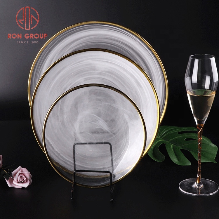 New Arrival Dinnerware Wedding Banquet Glass Decoration Plates Smokey Clear Gold Rimmed Charger Plates