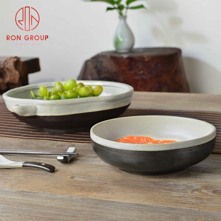 Japanese Style Round Black And White Coloured Glaze Porcelain Tableware  Dinnerware Set For Restaurant Ceramic Bowl