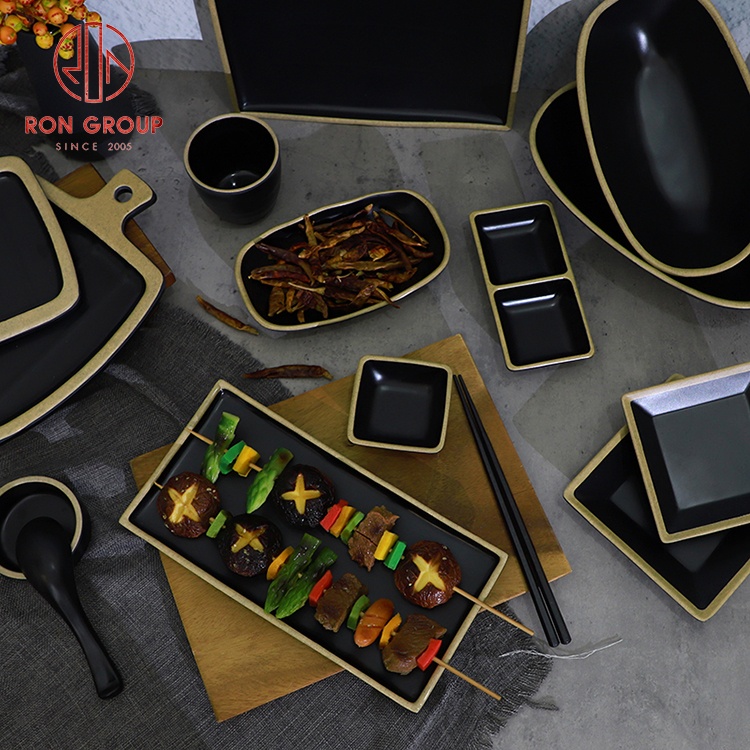 Hotel party serving dishes bowl dinner black and brown tableware dinnerware set melamine plates restaurant