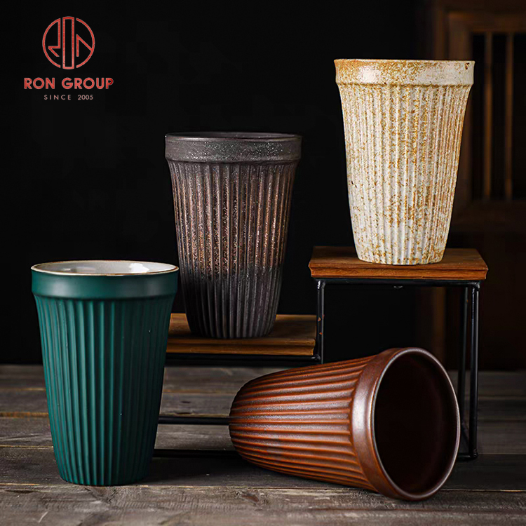 Retro Ribbed Handleless Ceramic Tea Cup