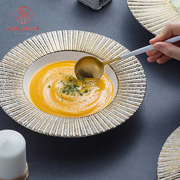 Luxury Gold Embossed Porcelain Dinner Plates – Premium Wedding & Hotel Tableware Set