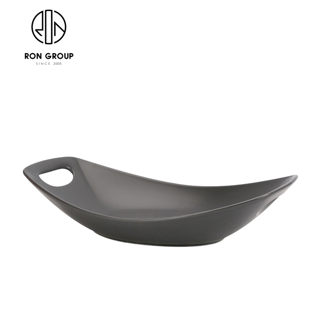 Matte Black Ceramic Serving Plate with Double Handles | Handmade Long Tray for Restaurants