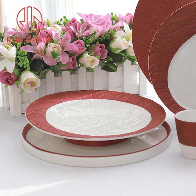 Hot sale wedding Michelin restaurant Rose gold Thousands of rock grain diagonal food charger plate ceramic plate