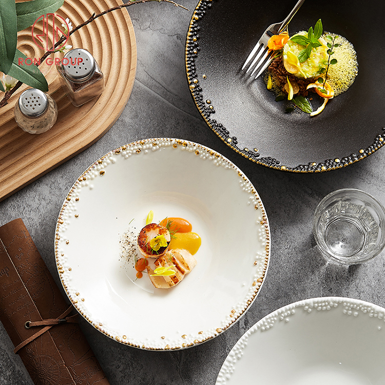 Black & White Embossed Porcelain Dinner Plates – Luxury Restaurant Ceramic Tableware Collection