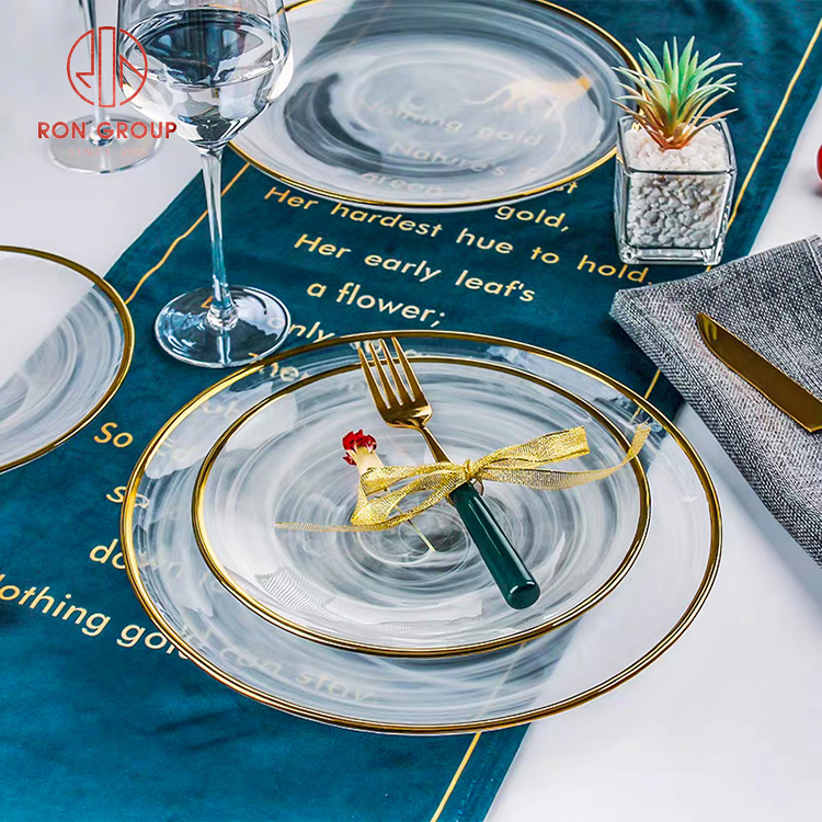 Luxury Minimalist Translucent Glass Charger Plate with Elegant Gold Rim - Black & White Collection