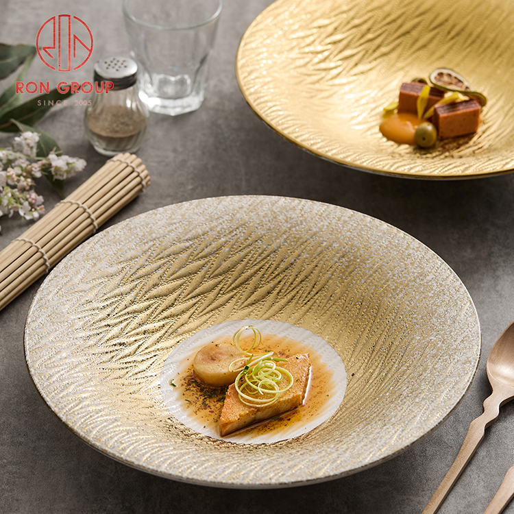 Full-Gold Flocculent Textured Wide-Rim Nest Plate – Luxury Ceramic Tableware for Hotel & Restaurant