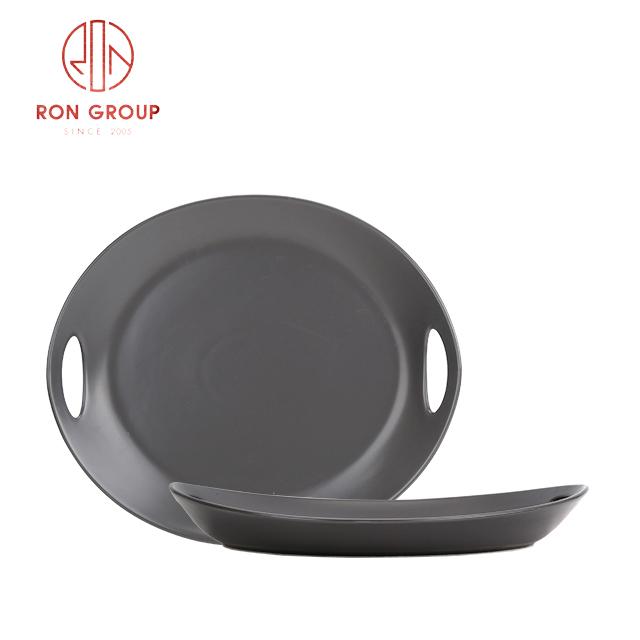 Matte Black Ceramic Serving Plate with Double Handles | Handmade Long Tray for Restaurants