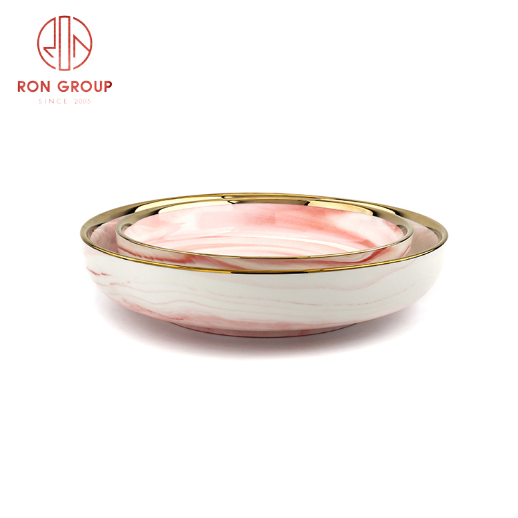 Marble Effect Gold Rim Porcelain Deep Pasta Plates for Restaurant Service