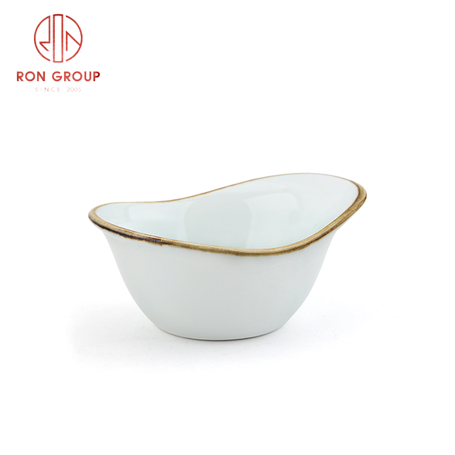 Irregular White Porcelain Bowl with Gold Rim | Ceramic Fruit & Salad Serving Bowl for Hotels