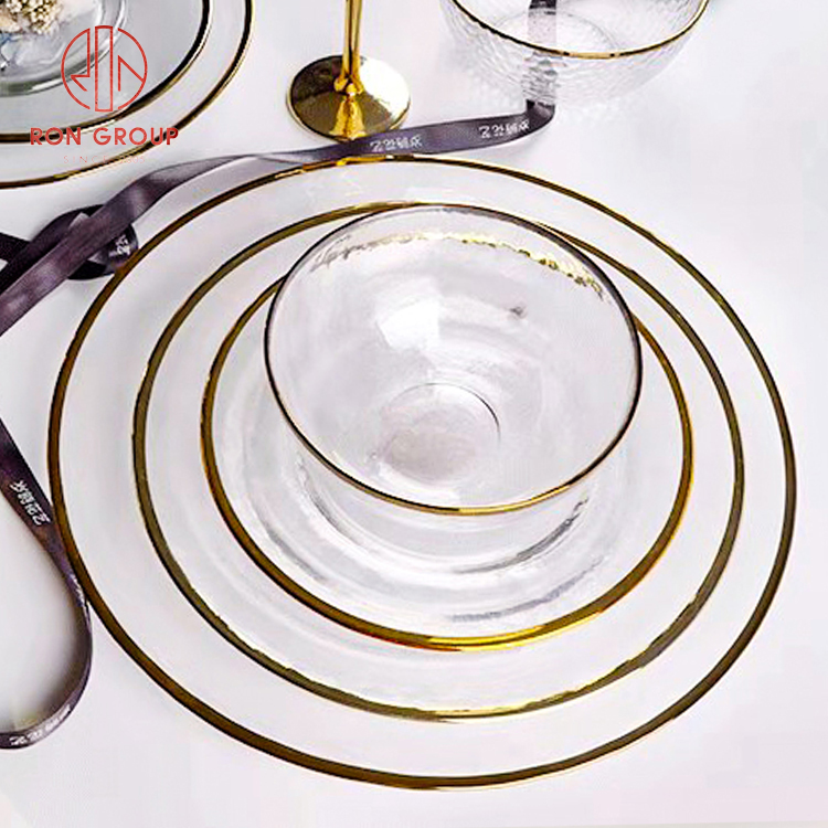 Clear Glass Dinner Plates with Gold Rim – Elegant Wedding & Event Tableware Set