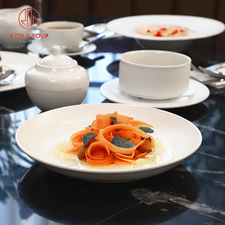 Elegant Textured Edge Pure White Ceramic Pasta Plate