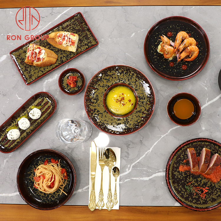 Ankhra Ignis Luxury Red and Black Ceramic Tableware with Gold Speckles