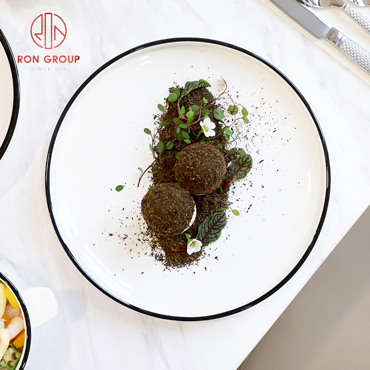 Minimalist White Stoneware Plates with Grey Rim Texture for Modern Restaurant Dining