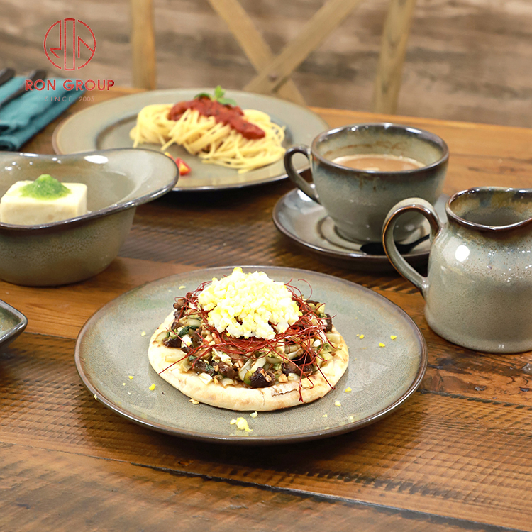 Matte Grey Stoneware Dinnerware Set with Reactive Glaze for Restaurants and Catering Services