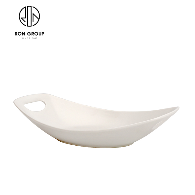 White Ceramic Long Serving Plate with Dual Handles | Custom Pattern Dining Dish for Restaurants & Hotels