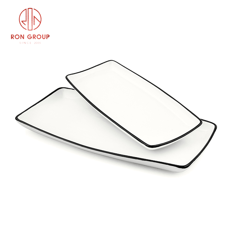 Modern White Stoneware Rectangular Plates with Black Rim for Restaurants and Home Dining