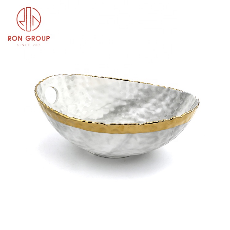 Gold Rim Ingot Shape Ceramic Serving Bowls for Wedding Banquets
