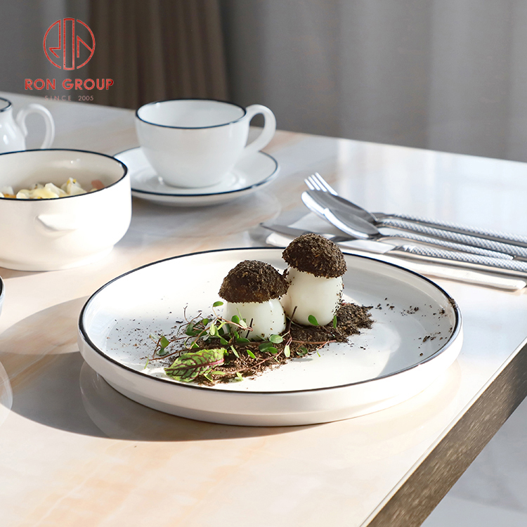 Minimalist White Stoneware Plates with Grey Rim Texture for Modern Restaurant Dining