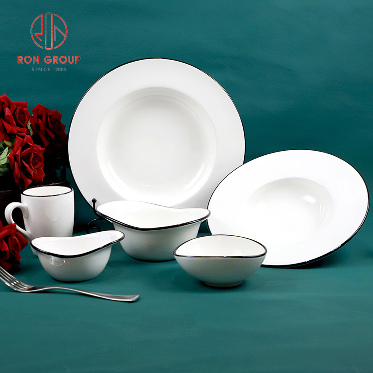 Elegant White Porcelain Dinnerware Set with Fine Black Rim for Restaurants and Hotels