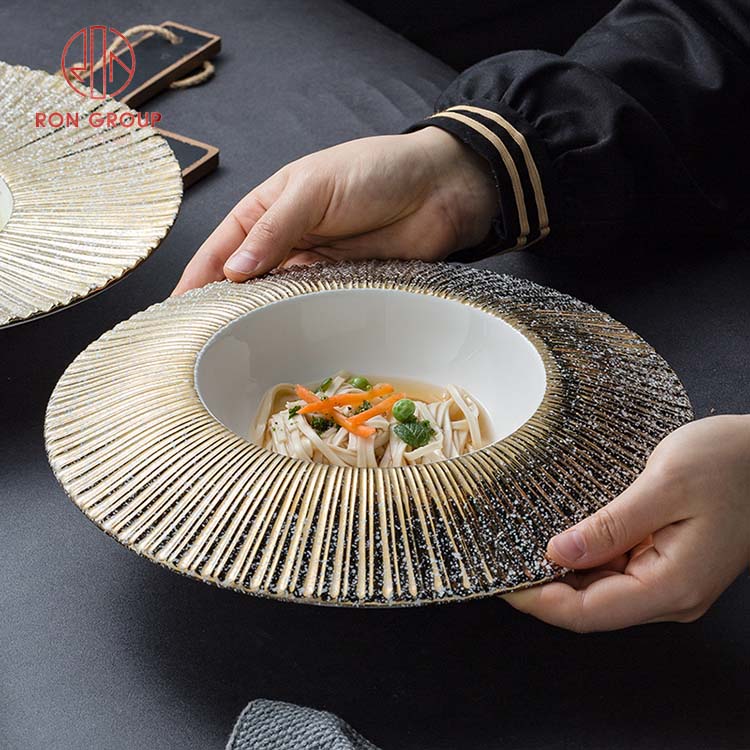 Luxury Gold Embossed Porcelain Dinner Plates – Premium Wedding & Hotel Tableware Set