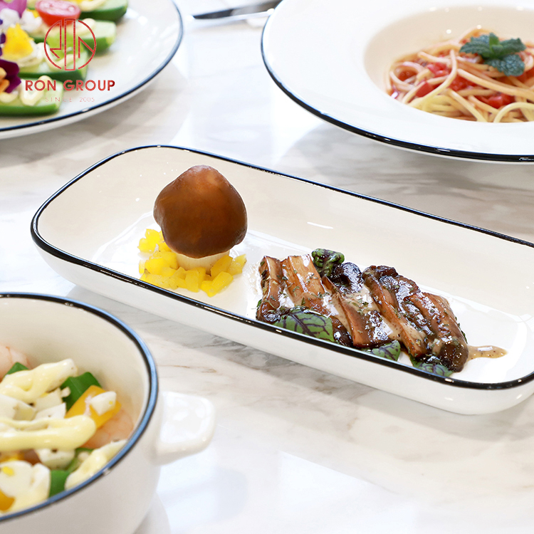 Modern White Stoneware Rectangular Plates with Black Rim for Restaurants and Home Dining