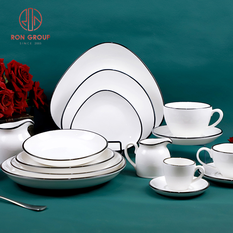 Elegant White Porcelain Dinnerware Set with Fine Black Rim for Restaurants and Hotels