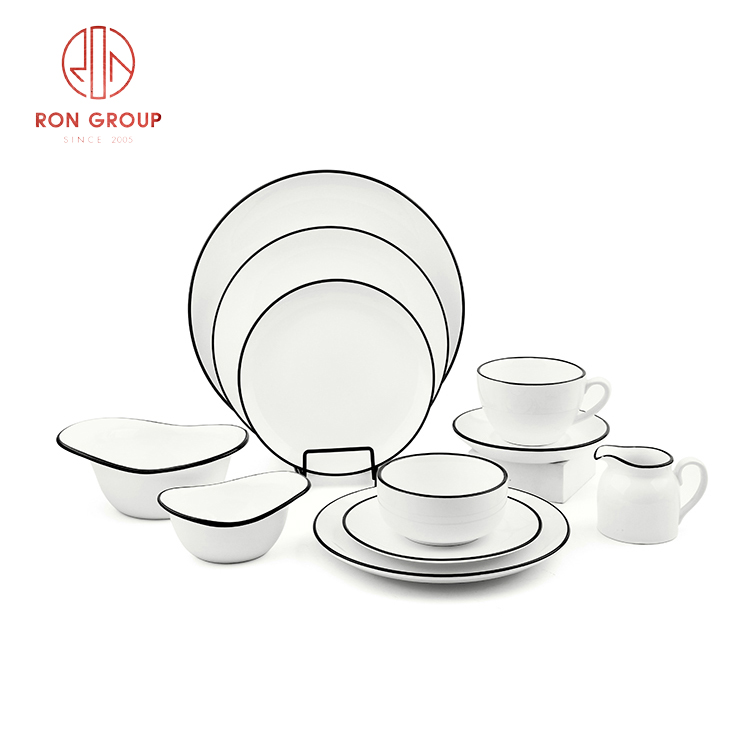 Elegant White Porcelain Dinnerware Set with Fine Black Rim for Restaurants and Hotels