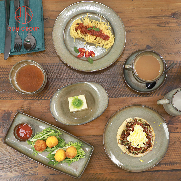 Matte Grey Stoneware Dinnerware Set with Reactive Glaze for Restaurants and Catering Services