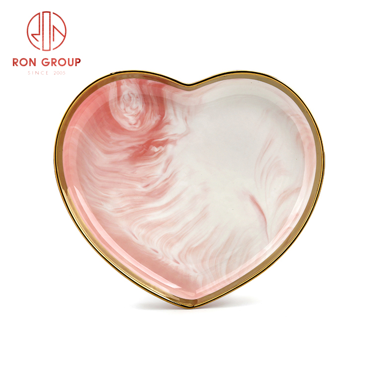 Heart Shape Gold Rim Marble Effect Ceramic Plates for Wedding Banquets