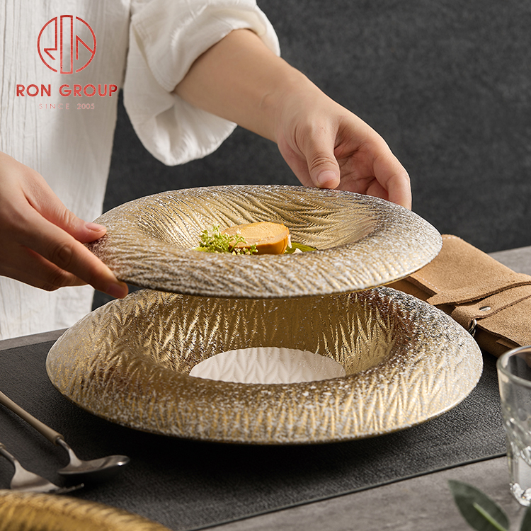 Full-Gold Flocculent Textured Wide-Rim Nest Plate – Luxury Ceramic Tableware for Hotel & Restaurant