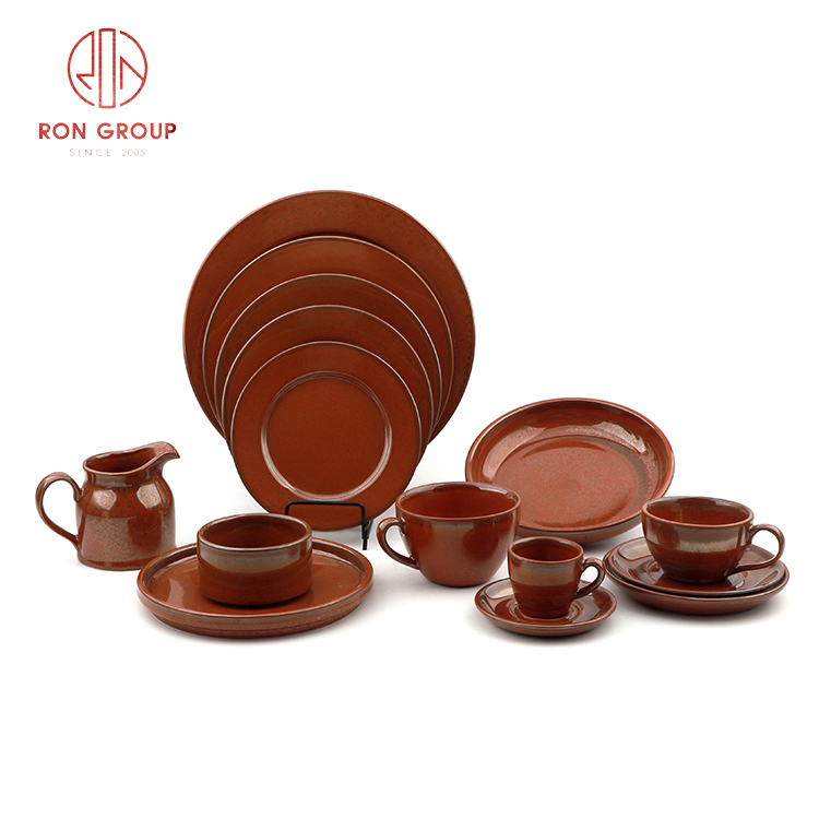Rustic Red-Brown Stoneware Dinner Set with Textured Glaze for Professional Restaurant Service