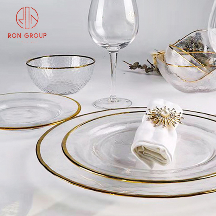 Clear Glass Dinner Plates with Gold Rim – Elegant Wedding & Event Tableware Set