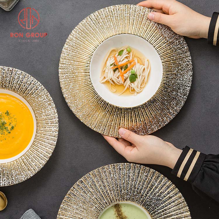 Luxury Gold Embossed Porcelain Dinner Plates – Premium Wedding & Hotel Tableware Set