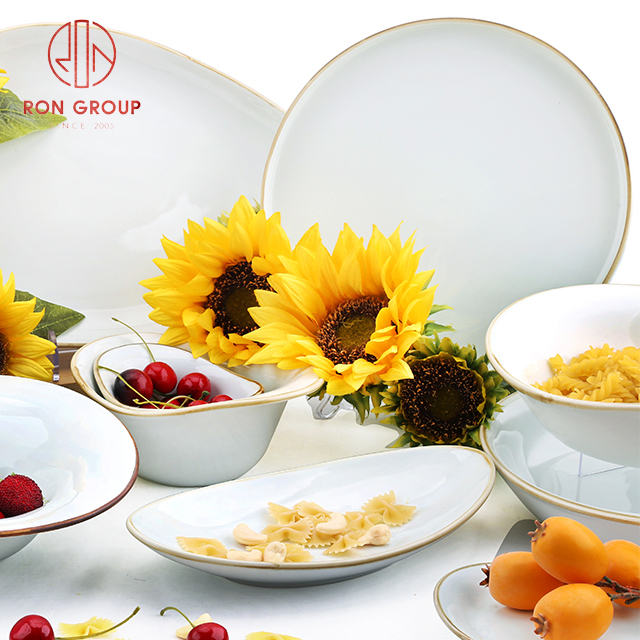 Oval White Porcelain Bowl with Gold Rim | Ceramic Salad & Buffet Serving Bowl for Restaurants