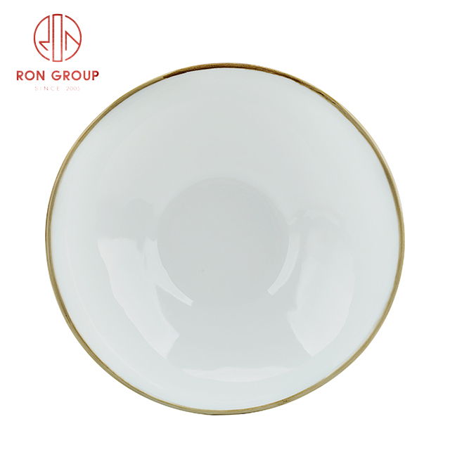 Oval White Porcelain Bowl with Gold Rim | Ceramic Salad & Buffet Serving Bowl for Restaurants