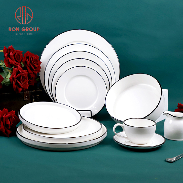 Elegant White Porcelain Dinnerware Set with Fine Black Rim for Restaurants and Hotels