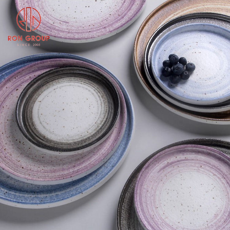 Multi-Color Artisan Brush Glaze Ceramic Dinner Plates for Restaurants & Hotels