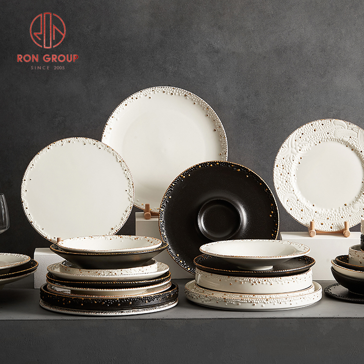 Black & White Embossed Porcelain Dinner Plates – Luxury Restaurant Ceramic Tableware Collection