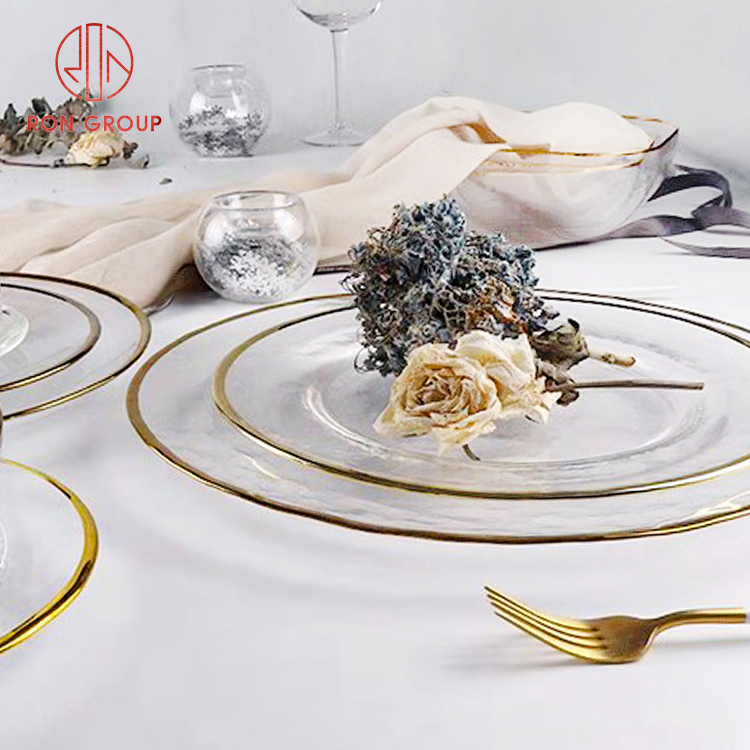 Clear Glass Dinner Plates with Gold Rim – Elegant Wedding & Event Tableware Set