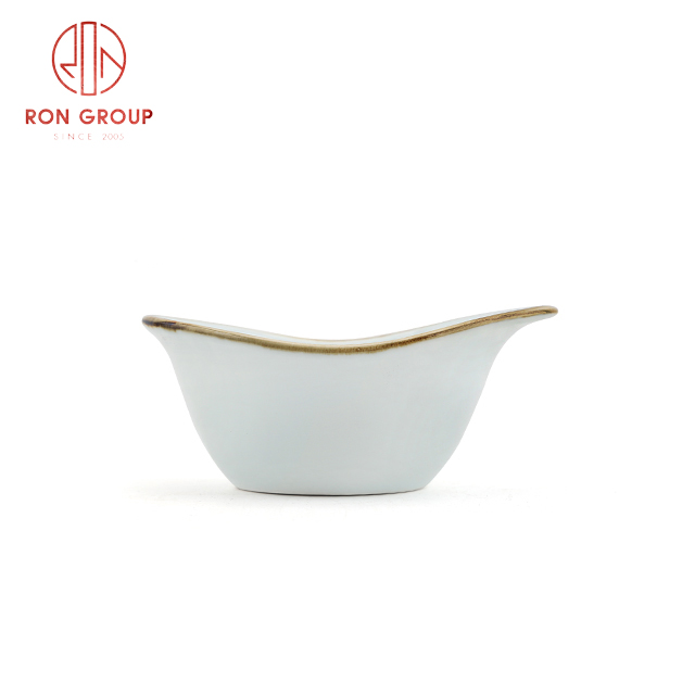 Irregular White Porcelain Bowl with Gold Rim | Ceramic Fruit & Salad Serving Bowl for Hotels