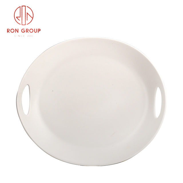 White Ceramic Long Serving Plate with Dual Handles | Custom Pattern Dining Dish for Restaurants & Hotels