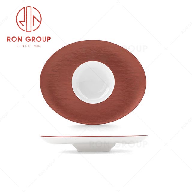 Hot sale modern wedding banquet tableware luxury Rose gold oval pasta plate Ceramic plate