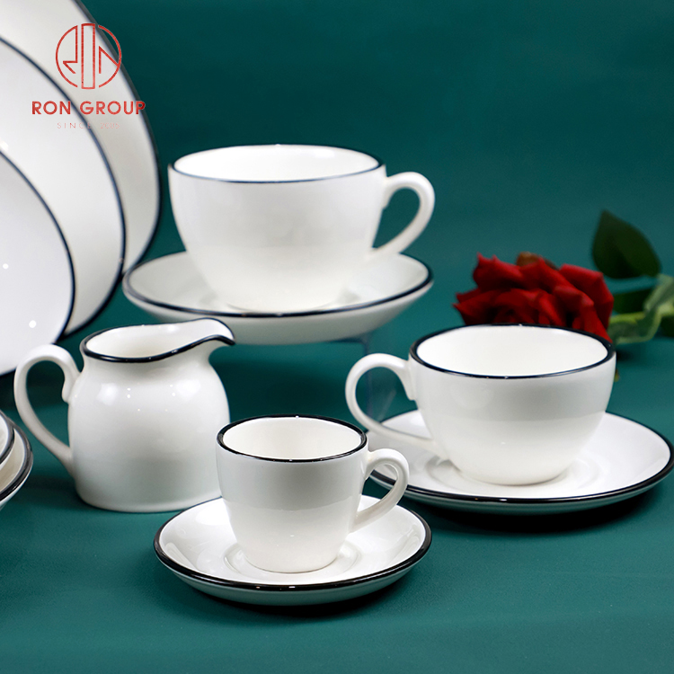 Elegant White Porcelain Dinnerware Set with Fine Black Rim for Restaurants and Hotels