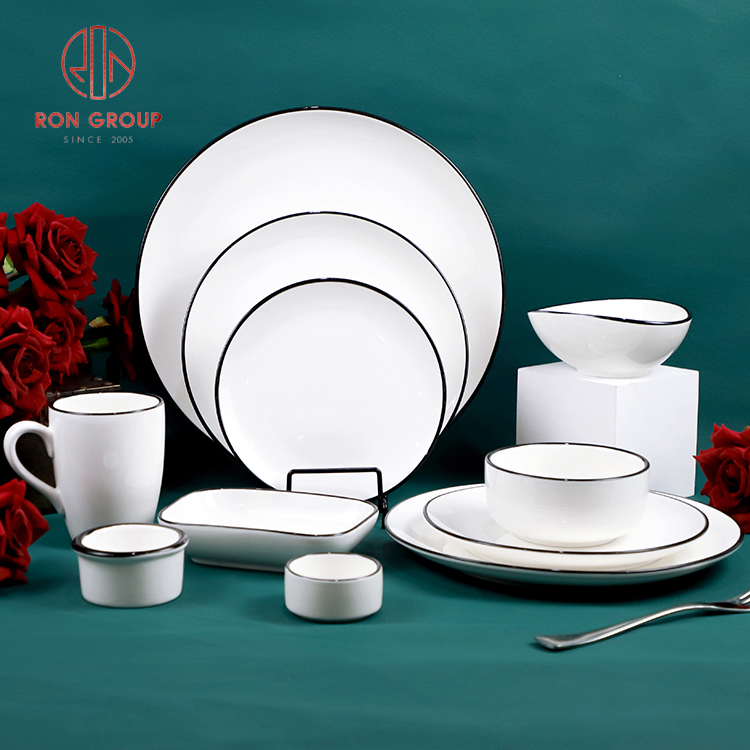 Elegant White Porcelain Dinnerware Set with Fine Black Rim for Restaurants and Hotels