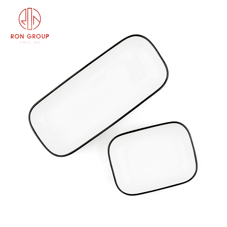 Modern White Stoneware Rectangular Plates with Black Rim for Restaurants and Home Dining